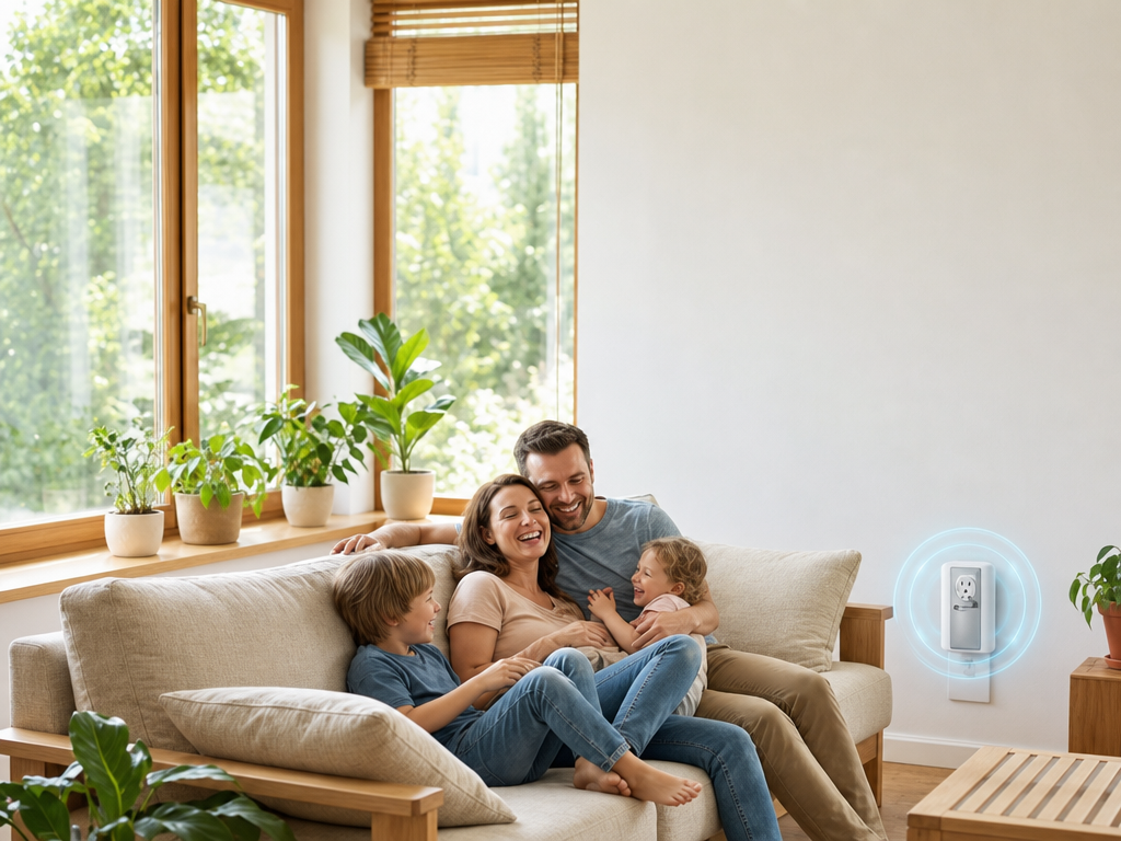family on couch next to plugged in EMF filter