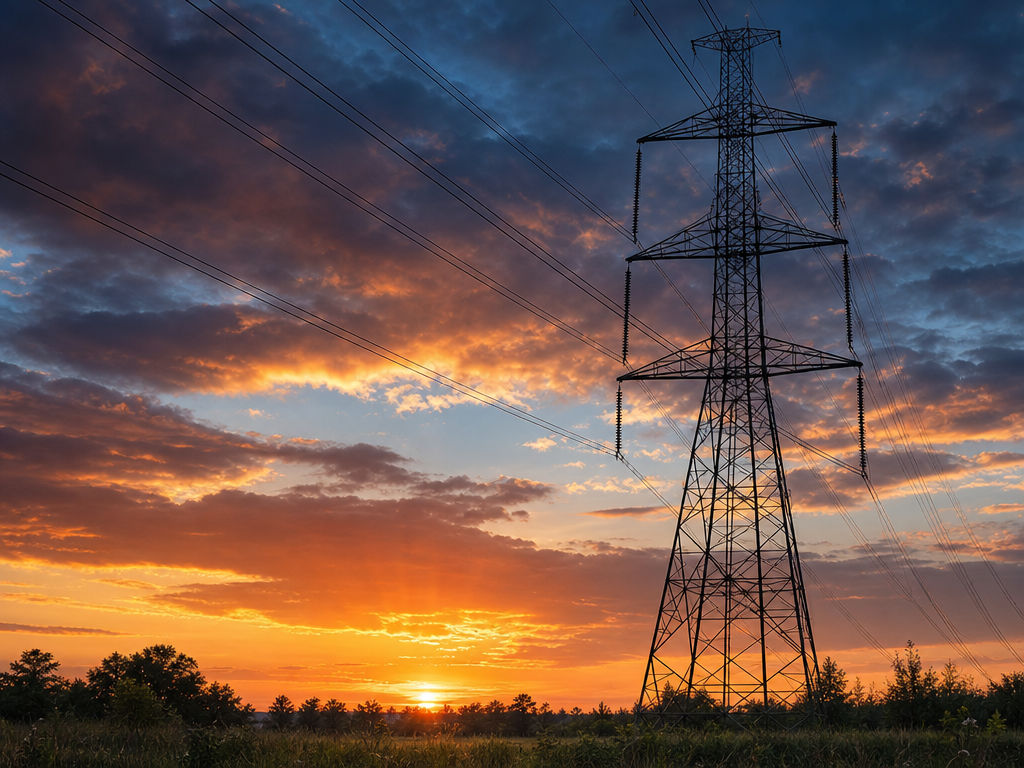 power lines and electric tower at sunset