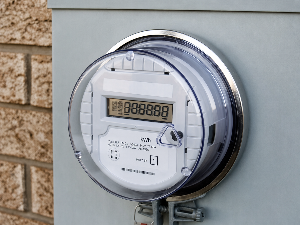 gray smart meter on side of building