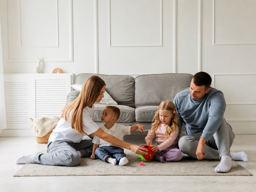 mother, father and two children sitting in living room