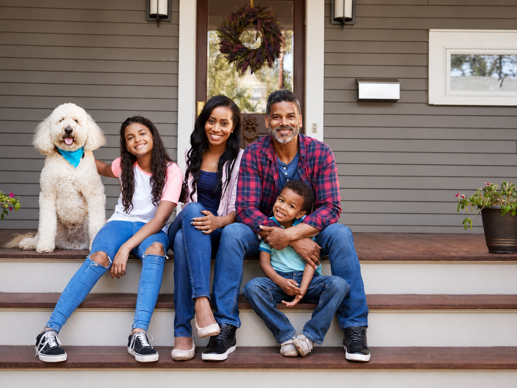 family of four with dog sitting on front porch steps of house