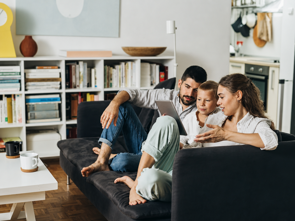 mother, father and son using device that causes EMF exposure