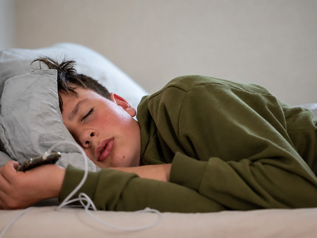 boy sleeping in bed holding EMF-emitting charging phone while plugged in