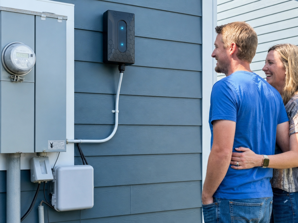 man and woman smiling looking at EMF filter installed on side of house