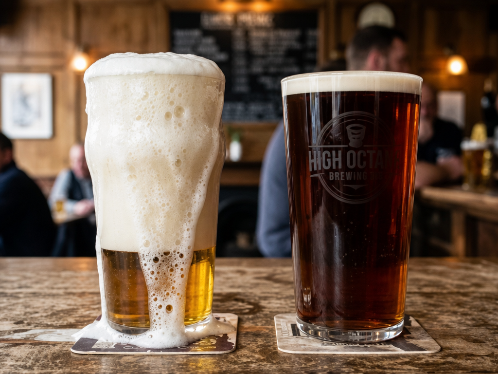 two full beers side by side, one spilling with foam