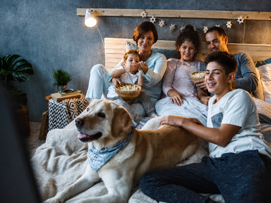family laying in bed eating popcorn watching TV