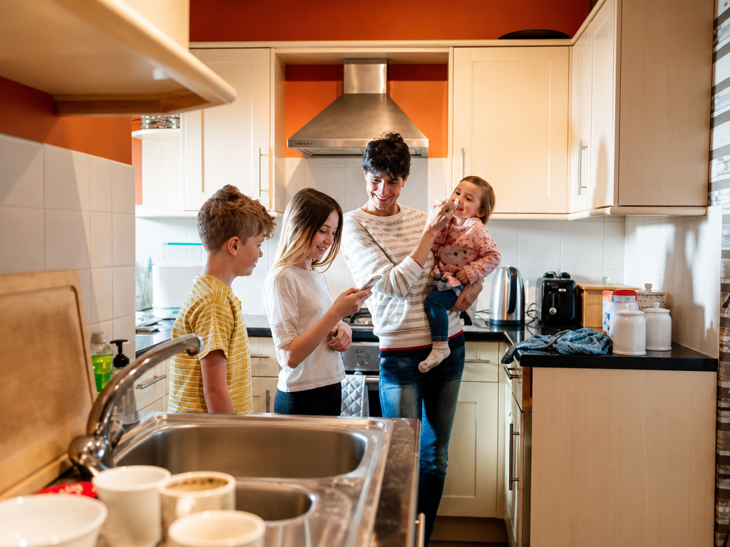 mother and three kids in kitchen with several devices and appliances around