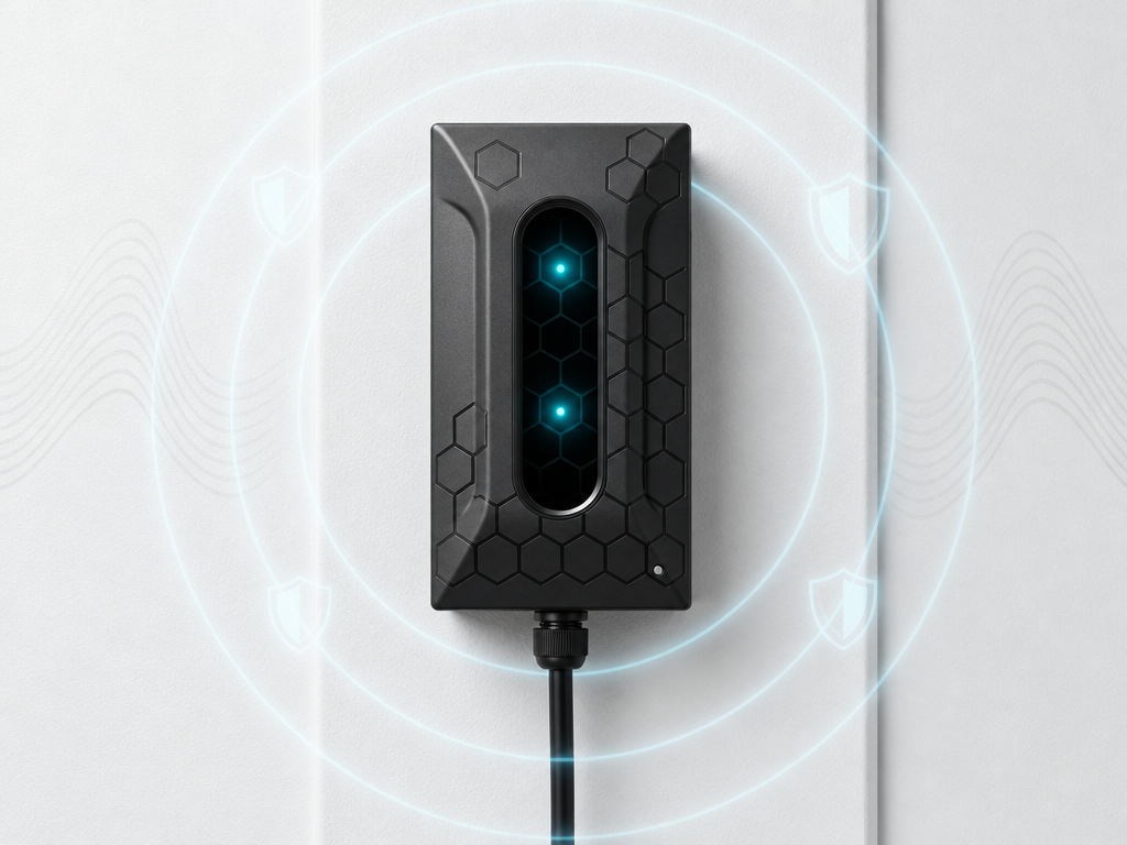 SaticShield's Power Perfect Wire-In EMF Filter with energy waves displayed around it